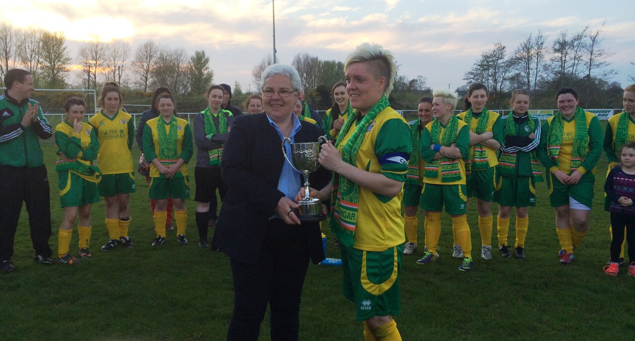Triona MacDarby CCFL League Treasurer presenting Cup to Mullingar Athletic captain - Leona Archibald