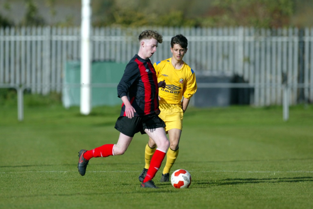 Shane Martin CCFL and Tommy Ford Mayo in action at the FAI Youths Interleague in Leah Victoria Park, Tullamore last Saturday. Photo Paul Molloy