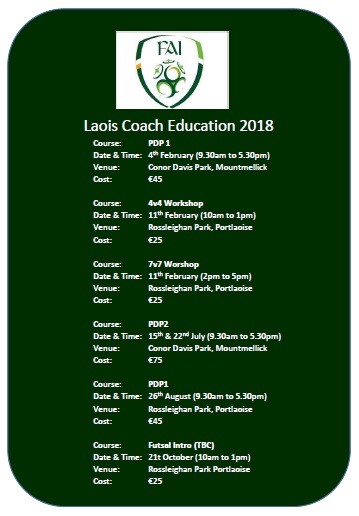 Coach Education courses for 2018 for Laois. 